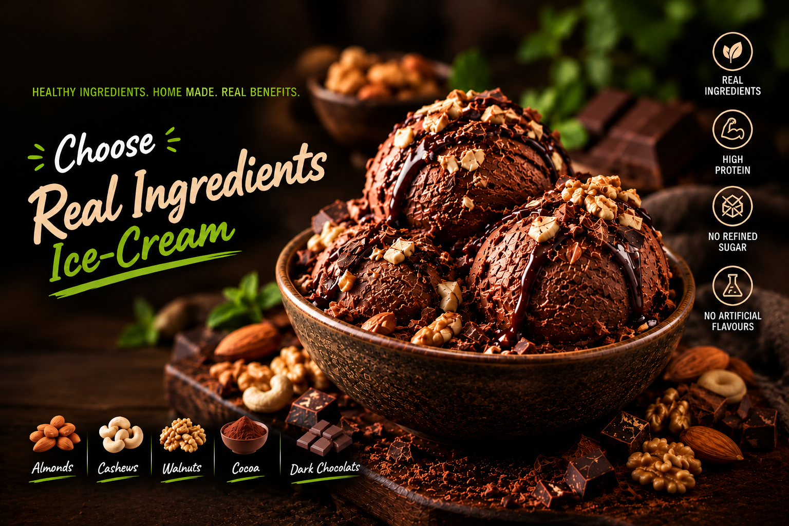 Snaktivv dark chocolate ice-cream with almonds, cashews, walnuts, cocoa and dark chocolate